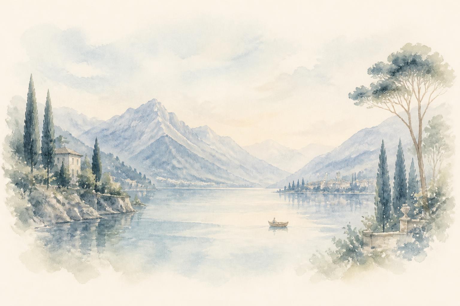 Watercolour panorama of a calm lake with a small boat